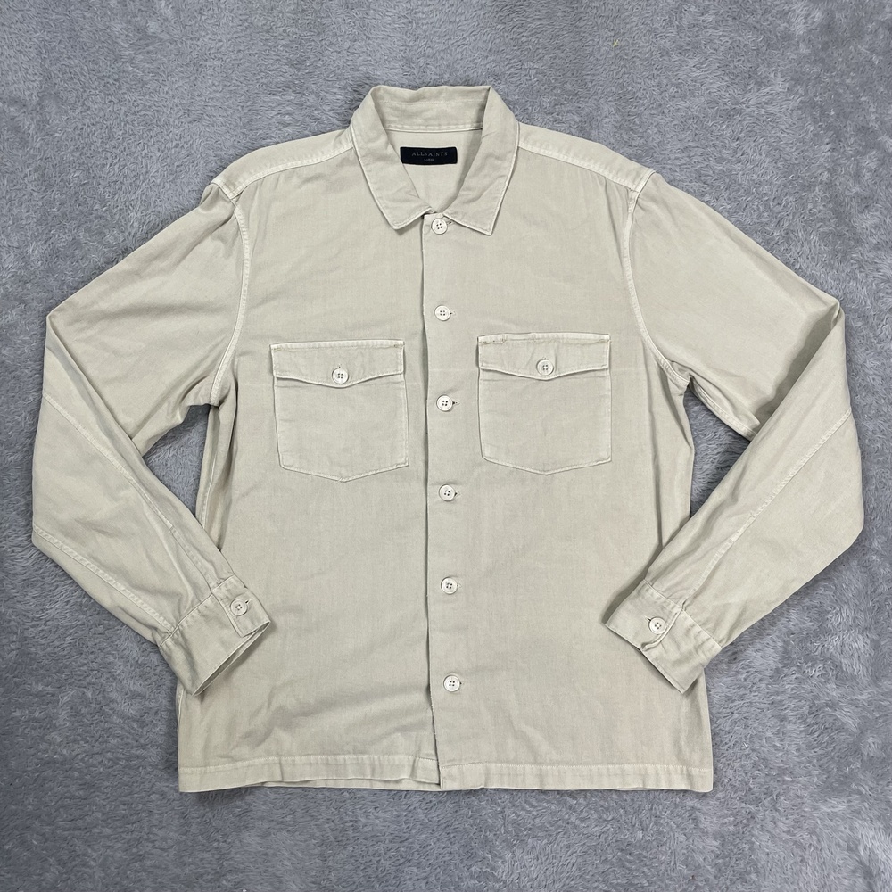 AllSaints Spotter LS Shirt Mens Large Beige Twill Cotton Button Front Casual